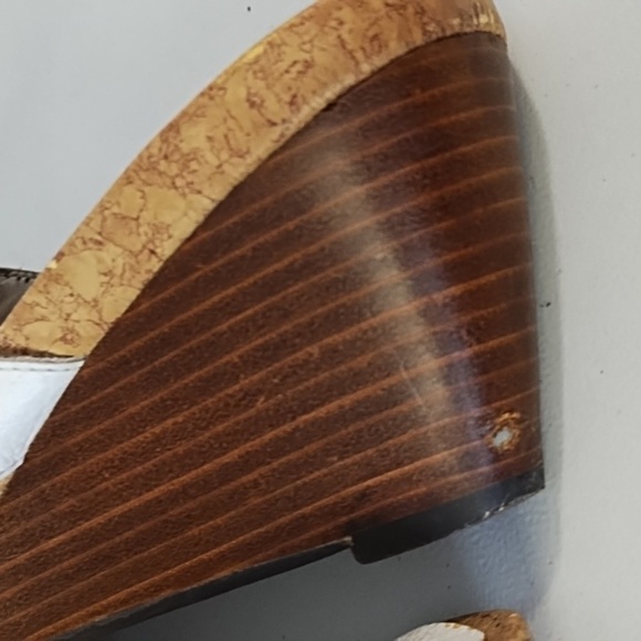 White Wedge Sandals with Leather Straps Stitching Cork Soles - Picture 8 of 13